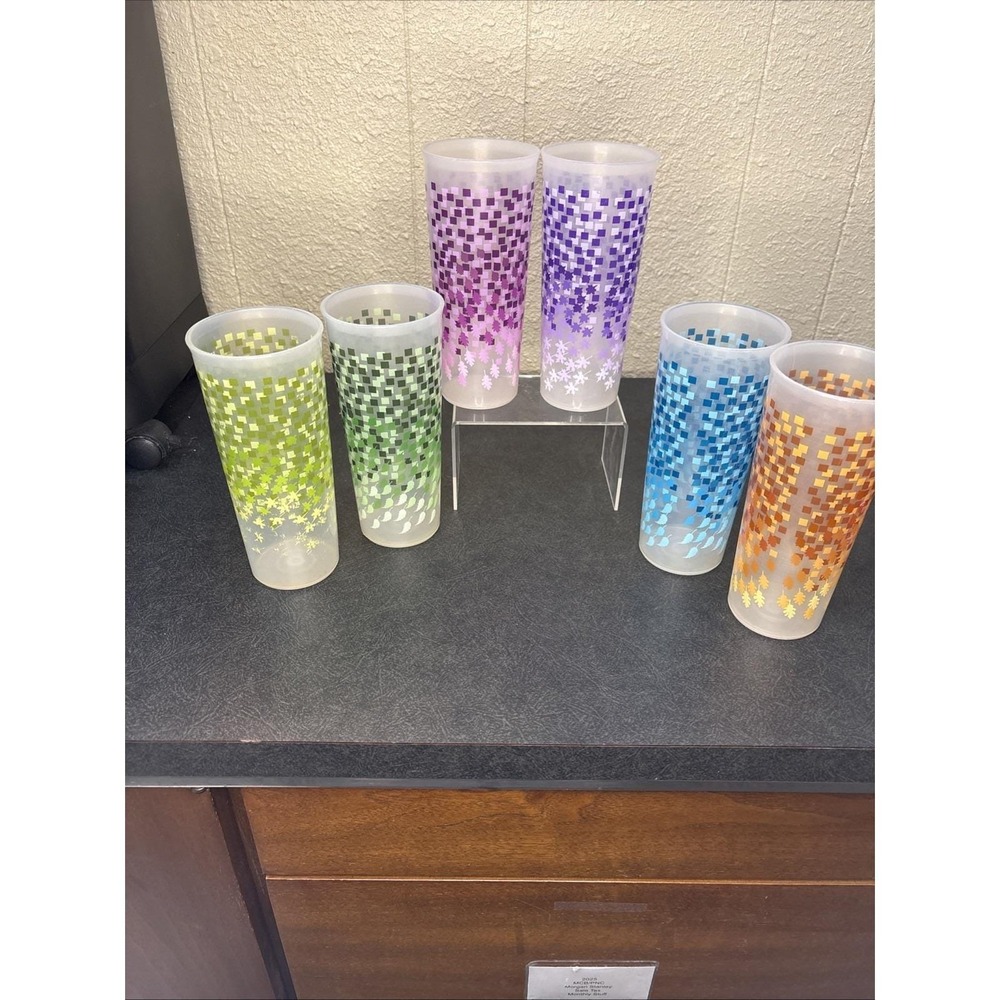 Vtg~Tupperware 51071-15~Tumblers Checkered Leaves Different Colors Set Of 6